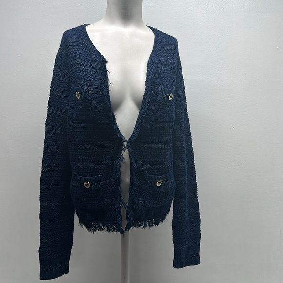Lilly Pulitzer Beckington Cardigan Tweed Open Front Knit Sparkle Blue M Medium - Picture 1 of 10